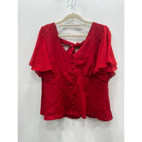 Unique Vintage Red Button Front Flutter Sleeve Blouse Tie Back Top Size 1X/16 - Picture 1 of 6